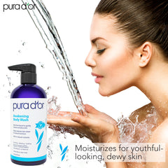 PURA D'OR bottle in shower scene showing refreshing use and daily routine benefit