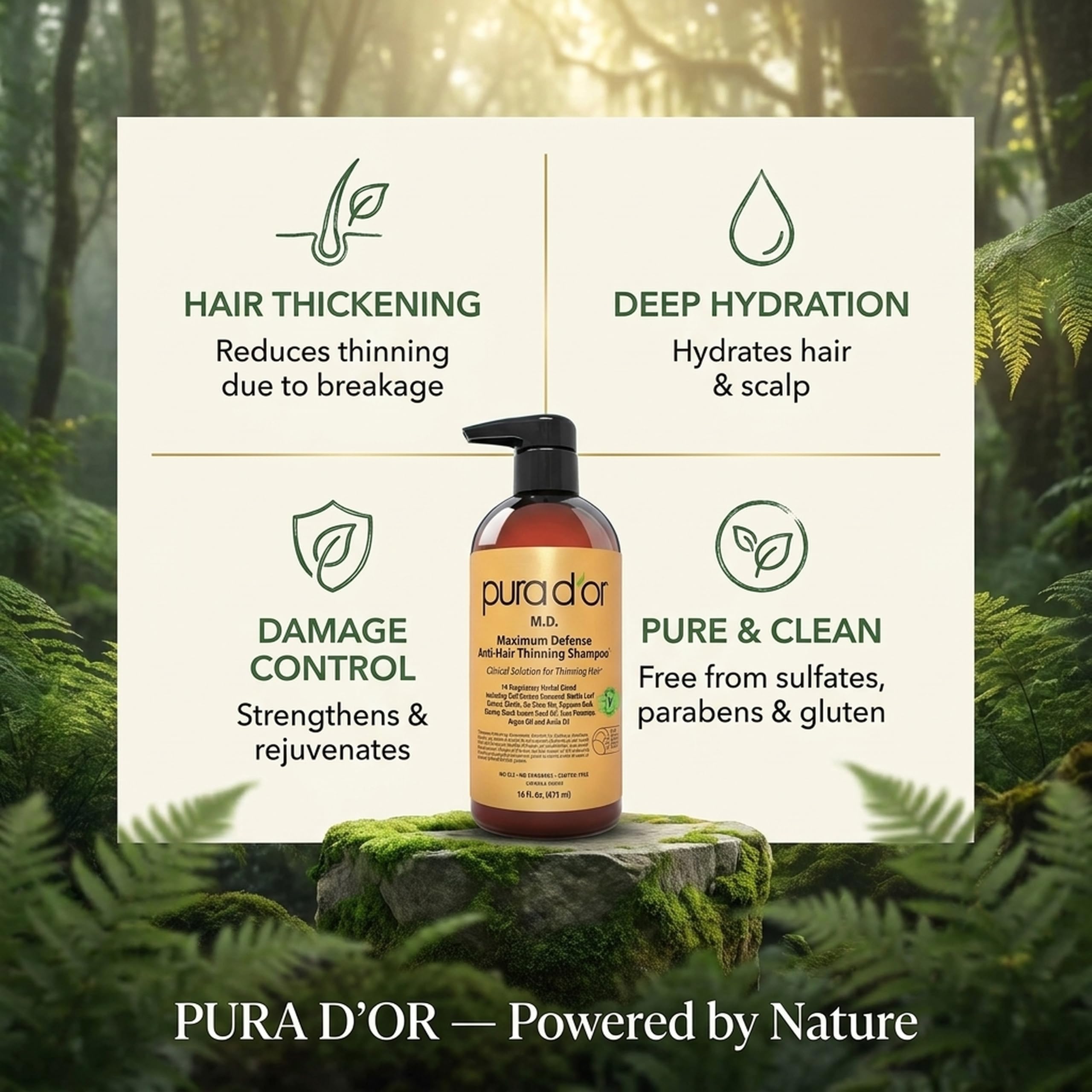 PURA D'OR back label with directions and ingredient list for safe, informed use