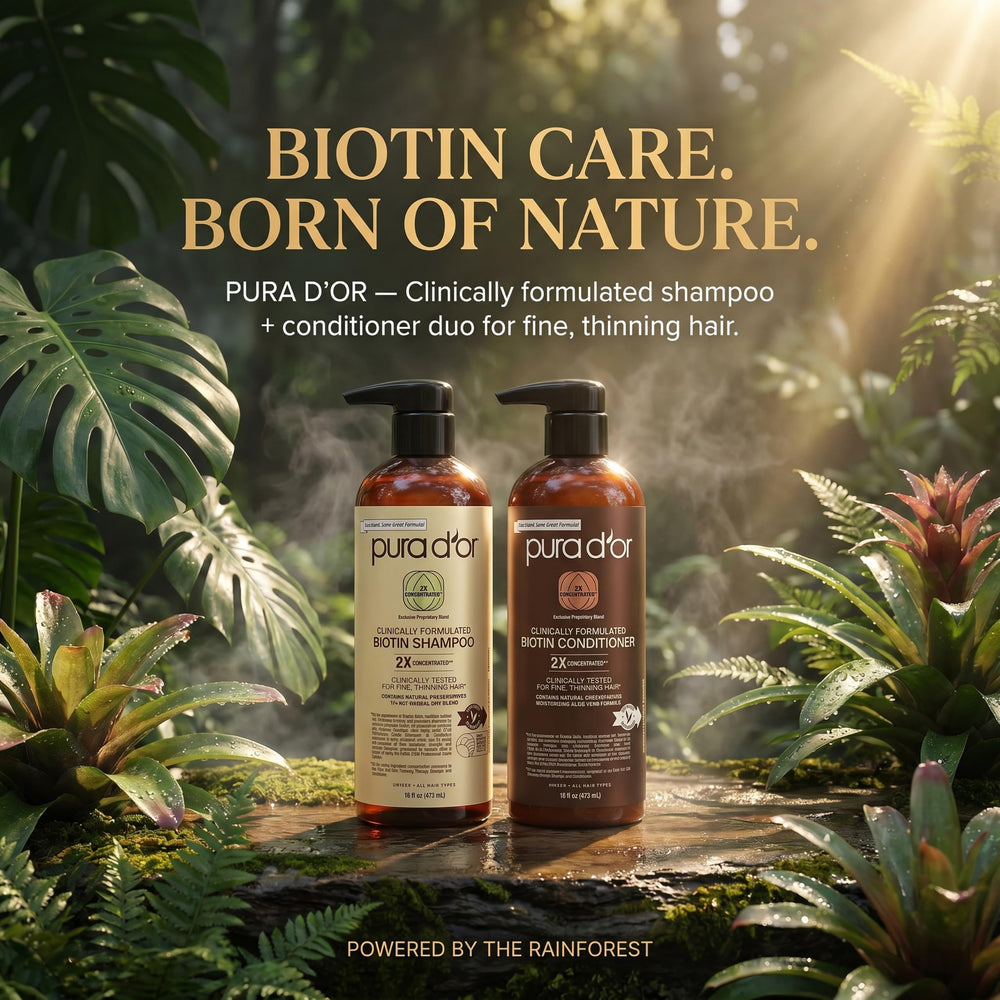 PURA D'OR duo on bathroom shelf in lifestyle setting showing daily use