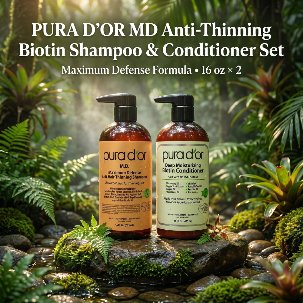 PURA D'OR bottle label close-up highlighting biotin and herbal blend benefits
