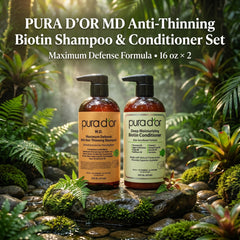 PURA D'OR bottle label close-up highlighting biotin and herbal blend benefits