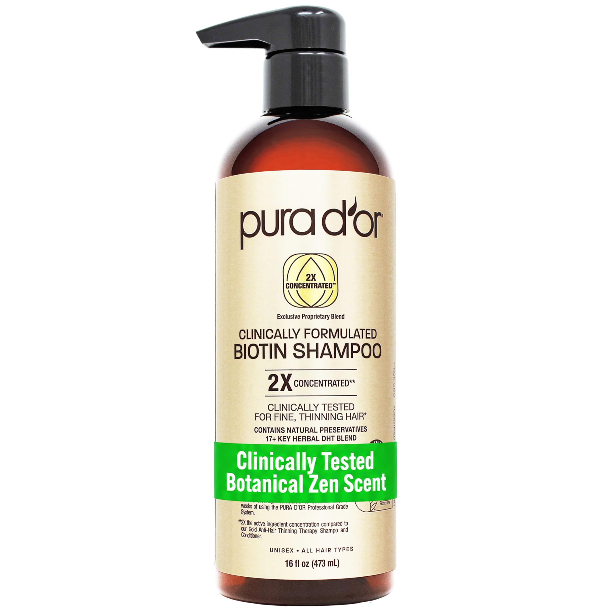 PURA D'OR front bottle view showing product and volume benefits