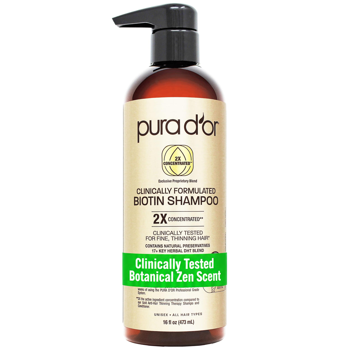 PURA D'OR front bottle view showing product and volume benefits