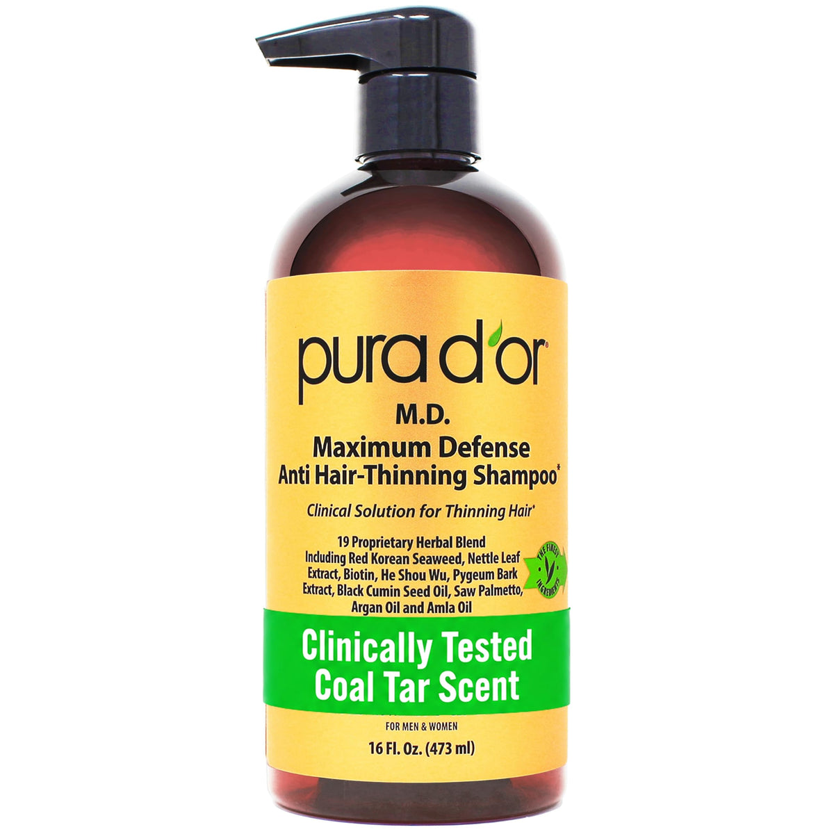 PURA D'OR front bottle view showing packaging and volume for clear identification and trust