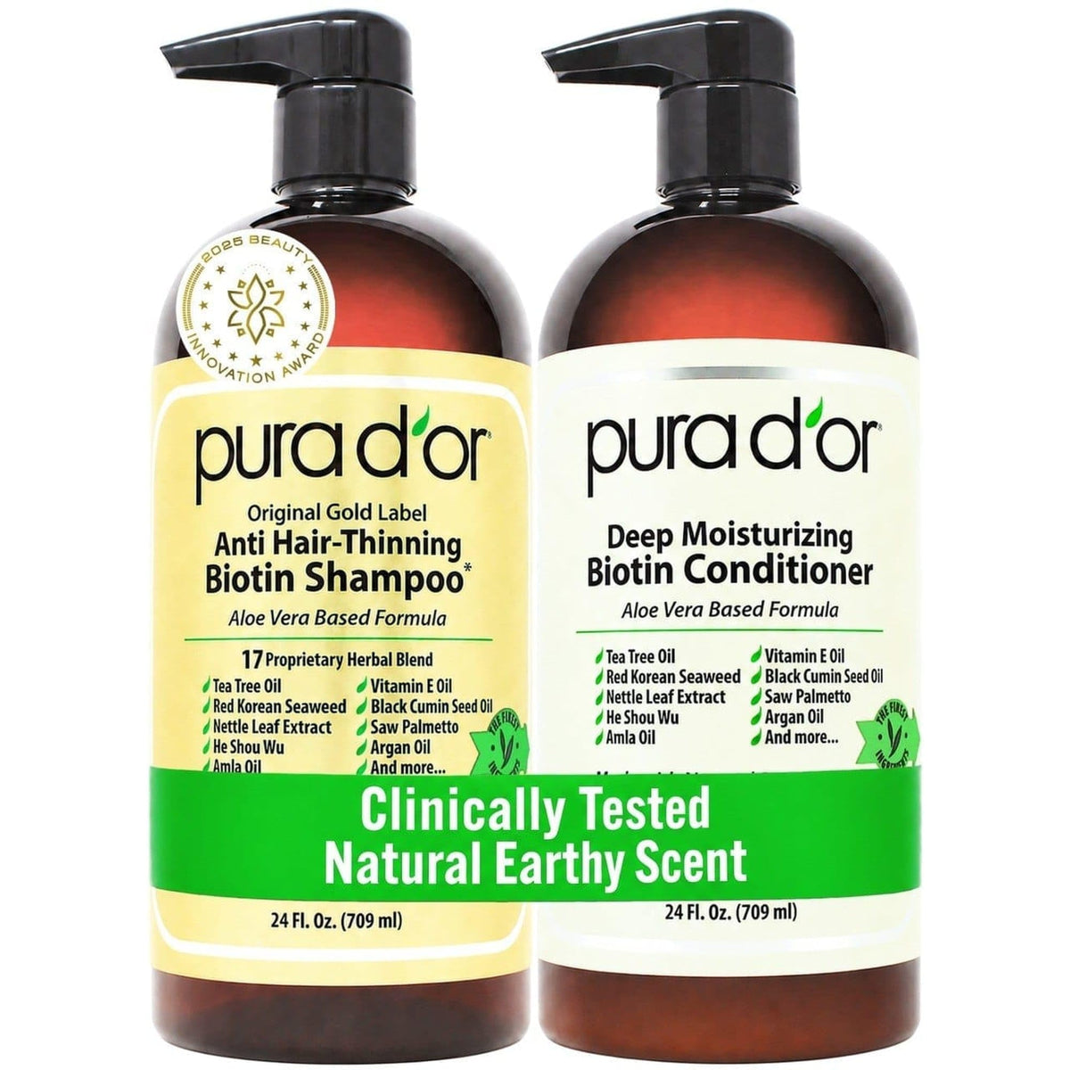 PURA D'OR front packaging showing both 24oz bottles and clear labeling with benefits