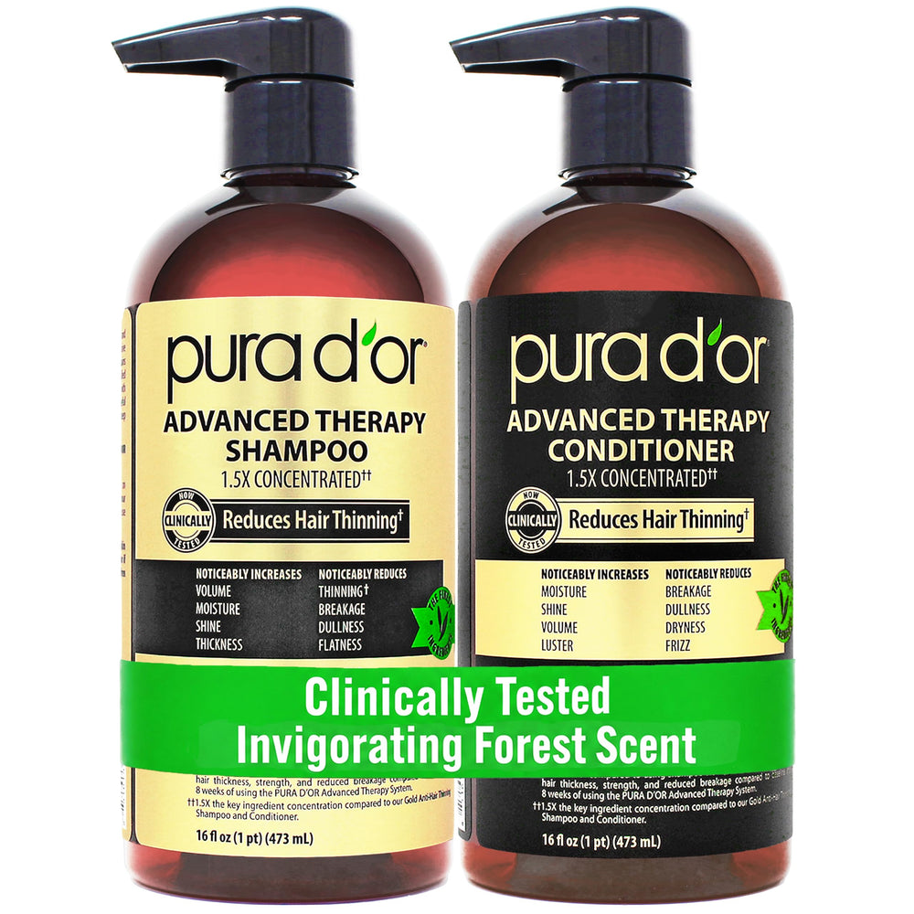 PURA D'OR front packaging showing both bottles and volumizing benefit