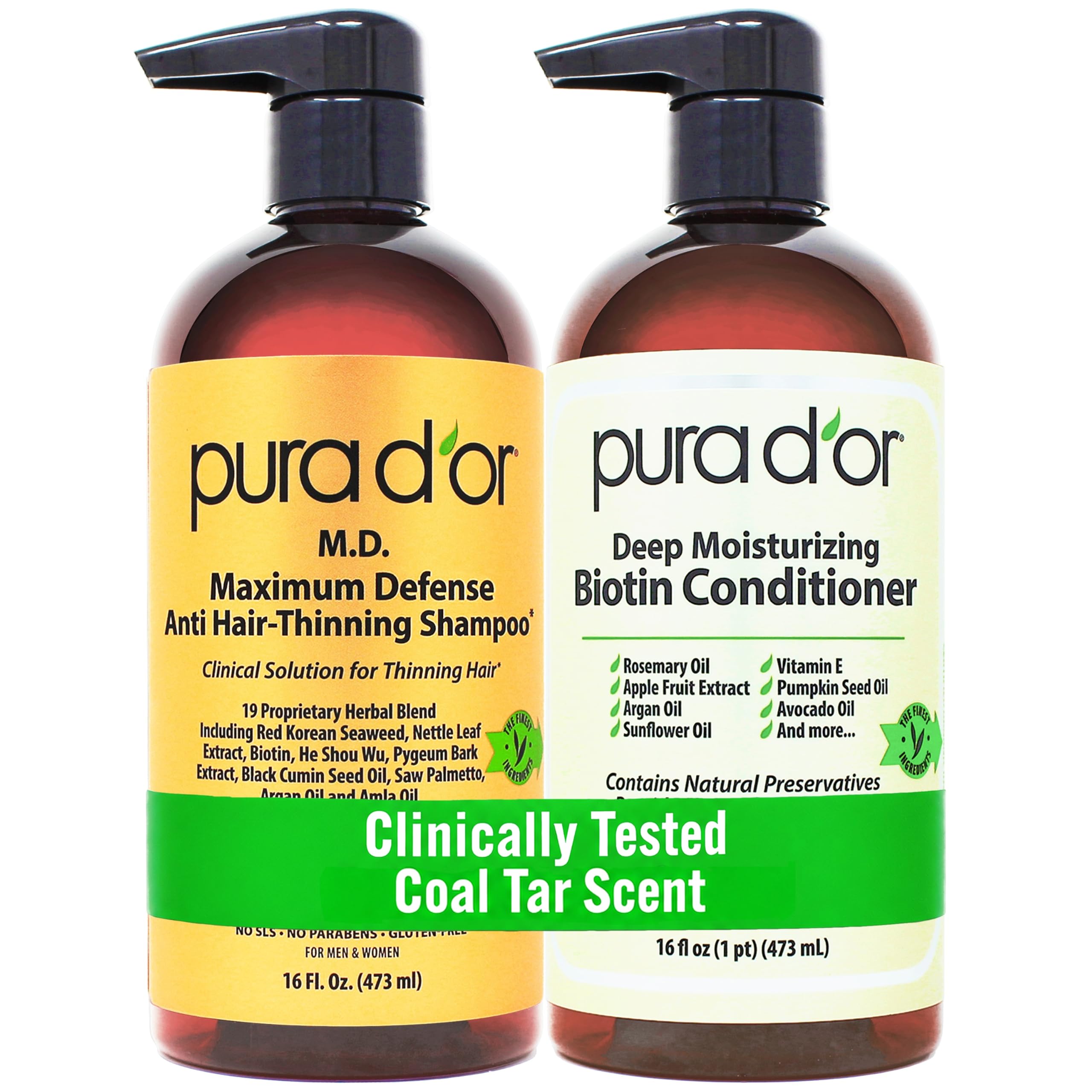 PURA D'OR front packaging showing two 16oz bottles and benefits visible