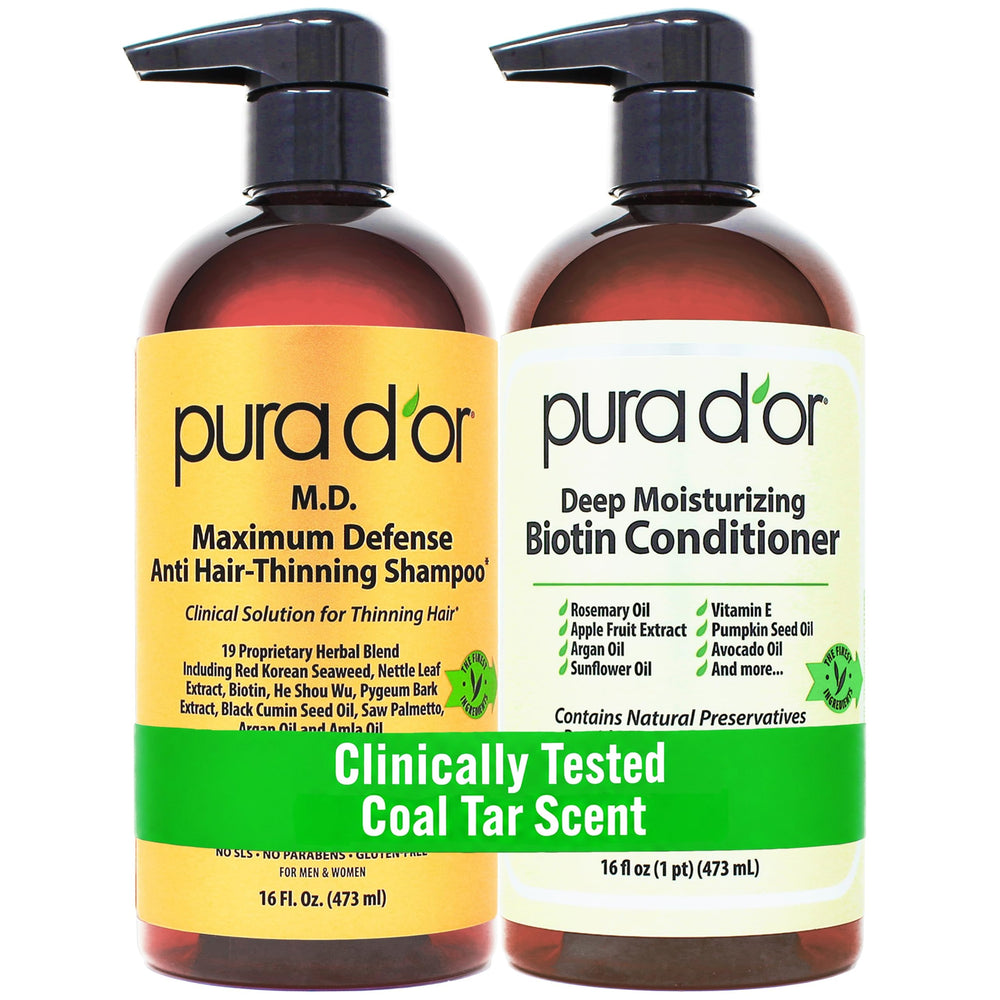 PURA D'OR front packaging showing two 16oz bottles and benefits visible