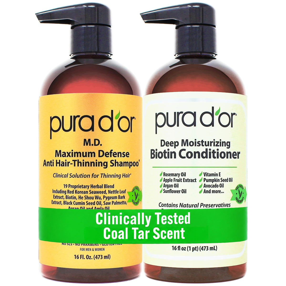 PURA D'OR front packaging showing two 16oz bottles and benefits visible