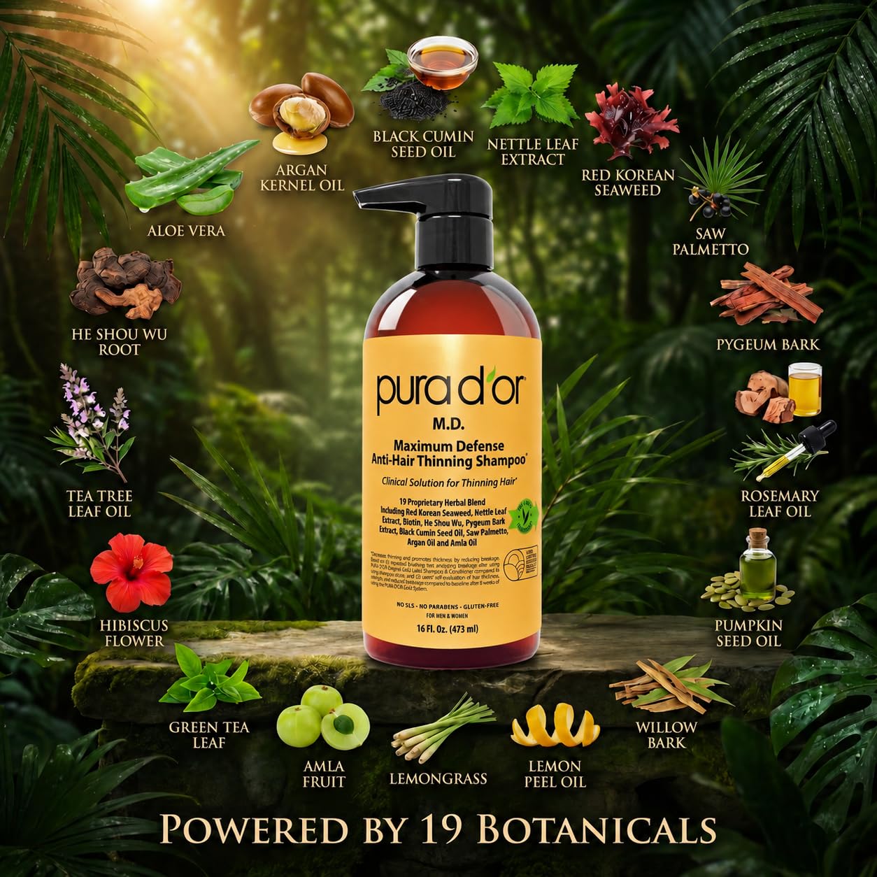 PURA D'OR in-shower use with hands lathering to show soothing scalp relief