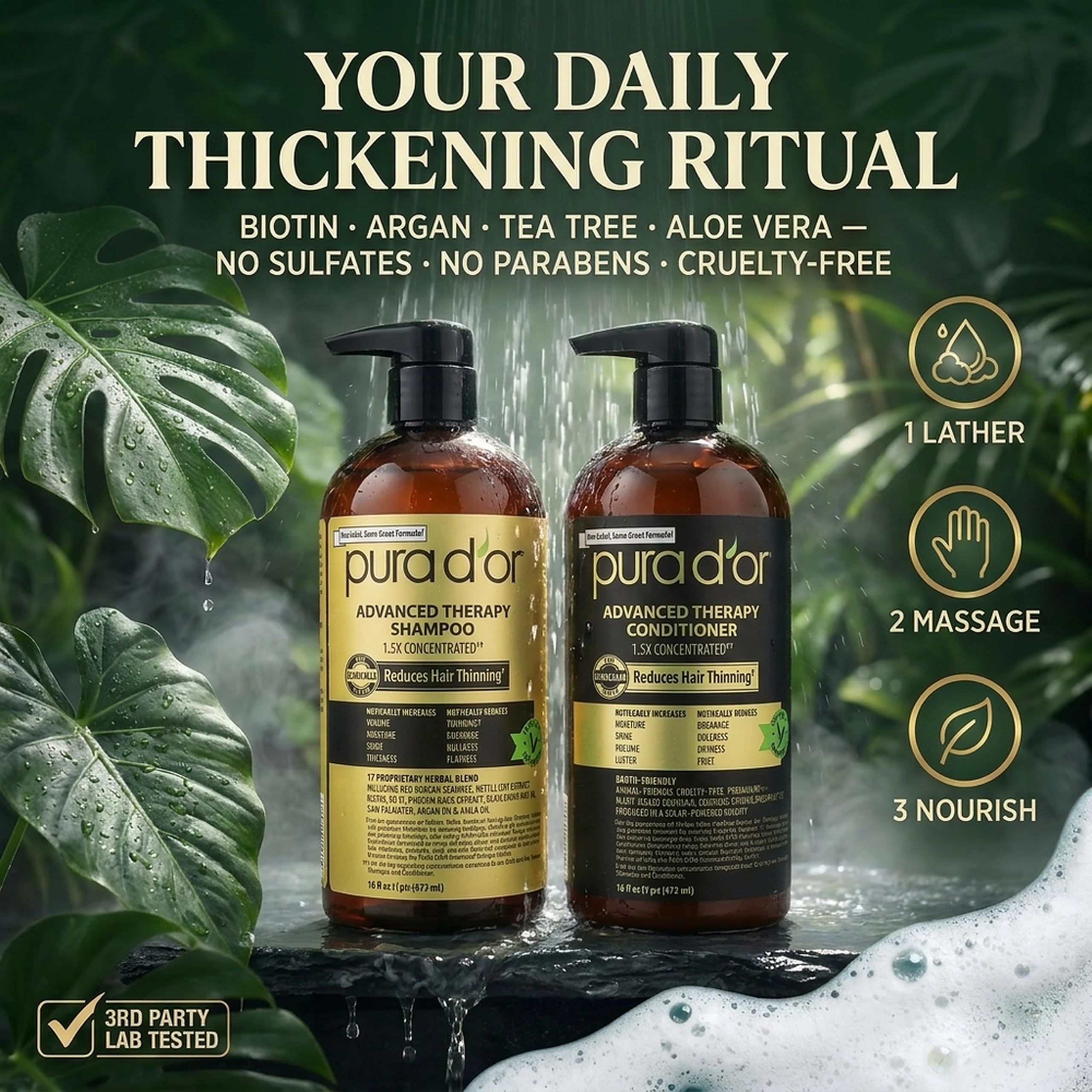 PURA D'OR conditioner applied to hair mid-lengths to add hydration