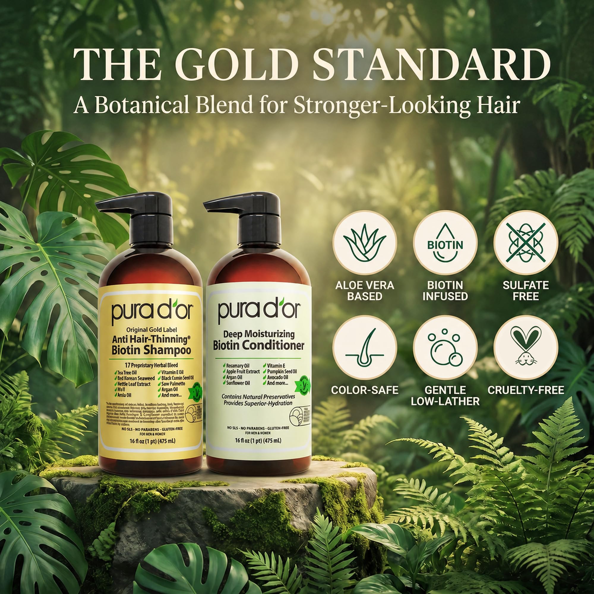 PURA D'OR 16oz bottle next to ruler for scale so buyers see true product size advantage