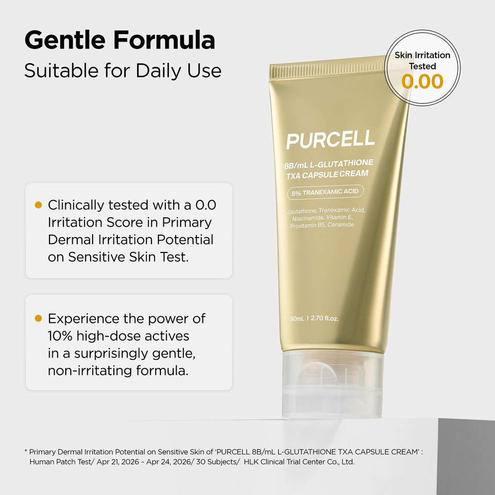PURCELL ingredients label closeup detailing tranexamic acid and niacinamide