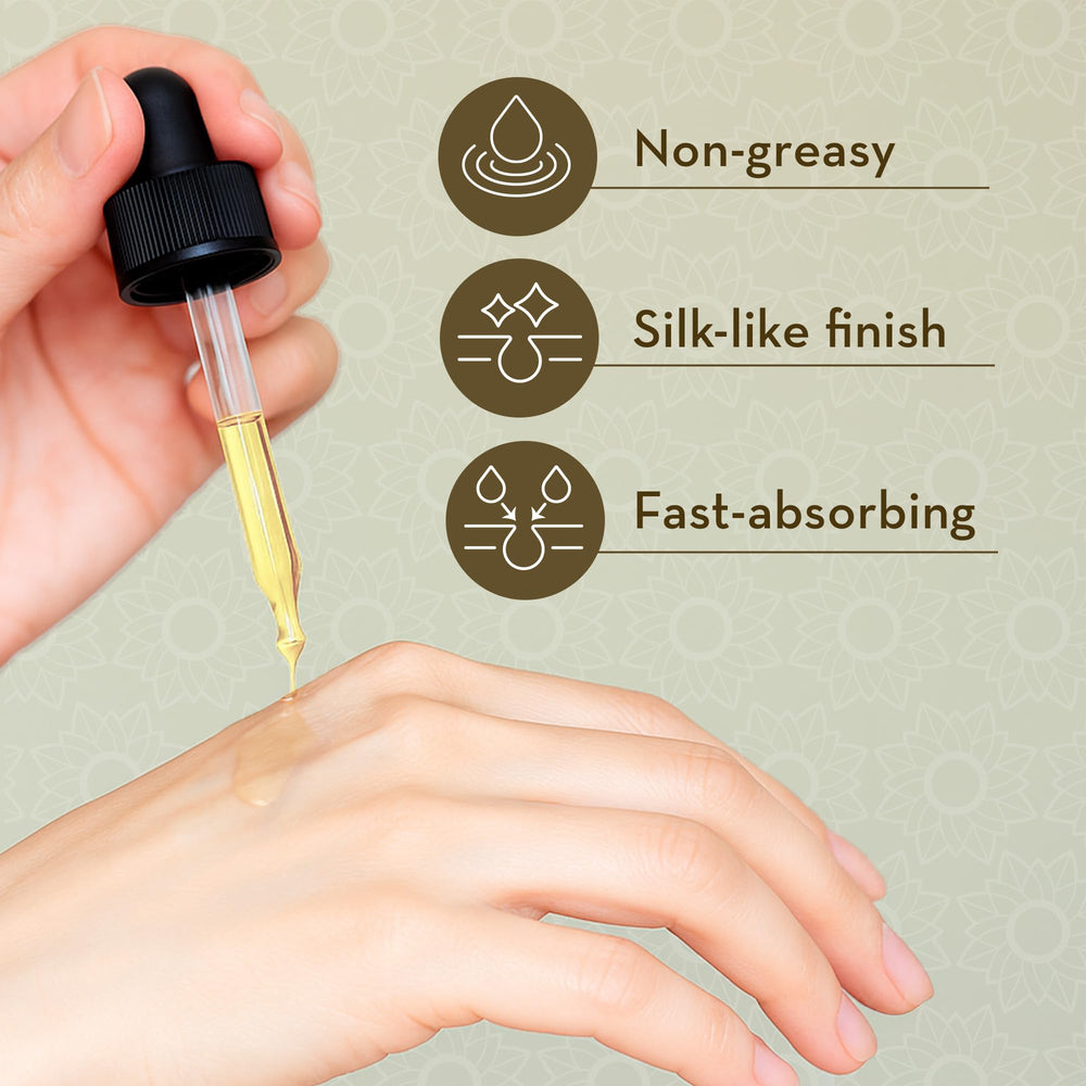 Pure Body Naturals close-up oil drop texture demonstrating lightweight absorption