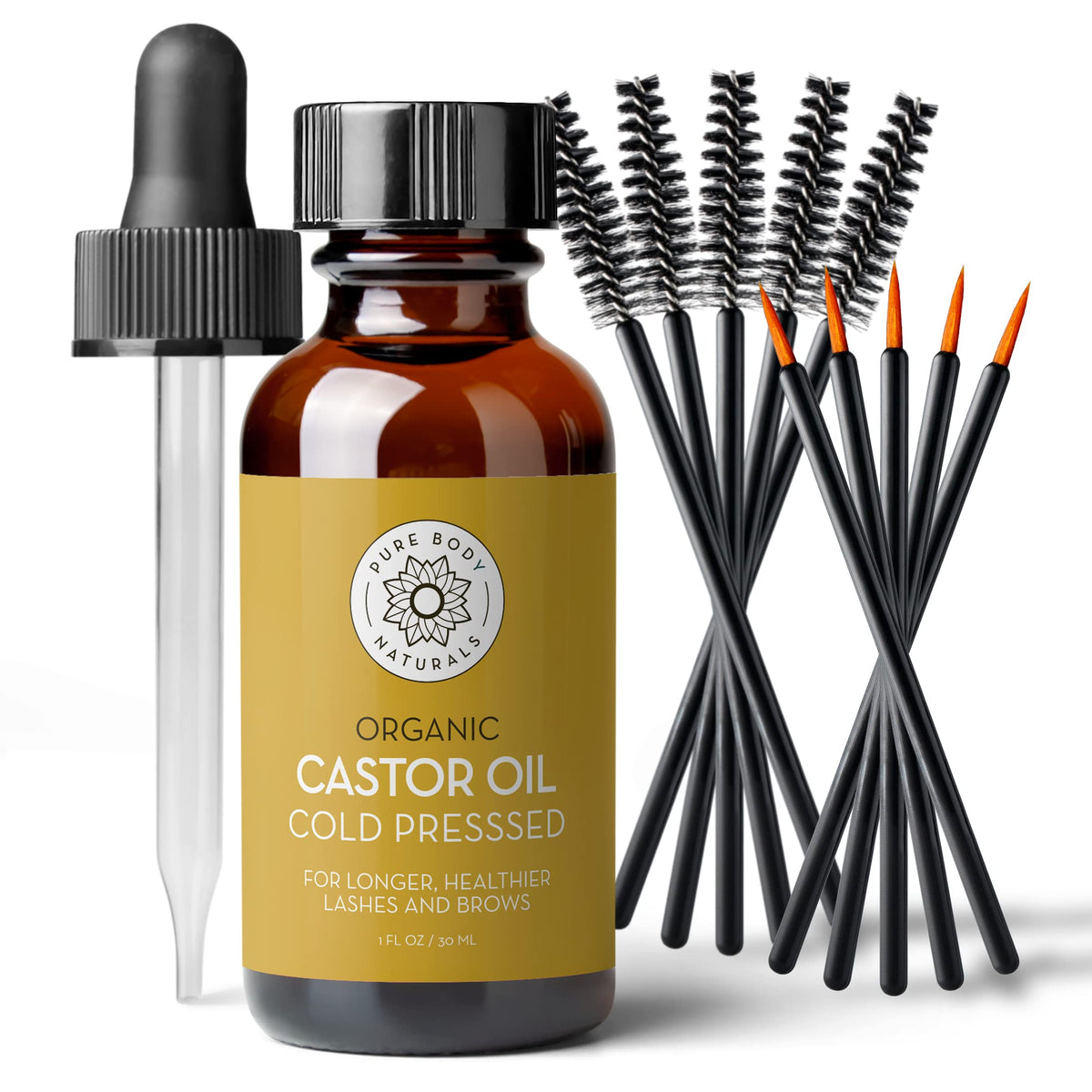 Pure Body Naturals front bottle showing organic castor oil and kit benefits