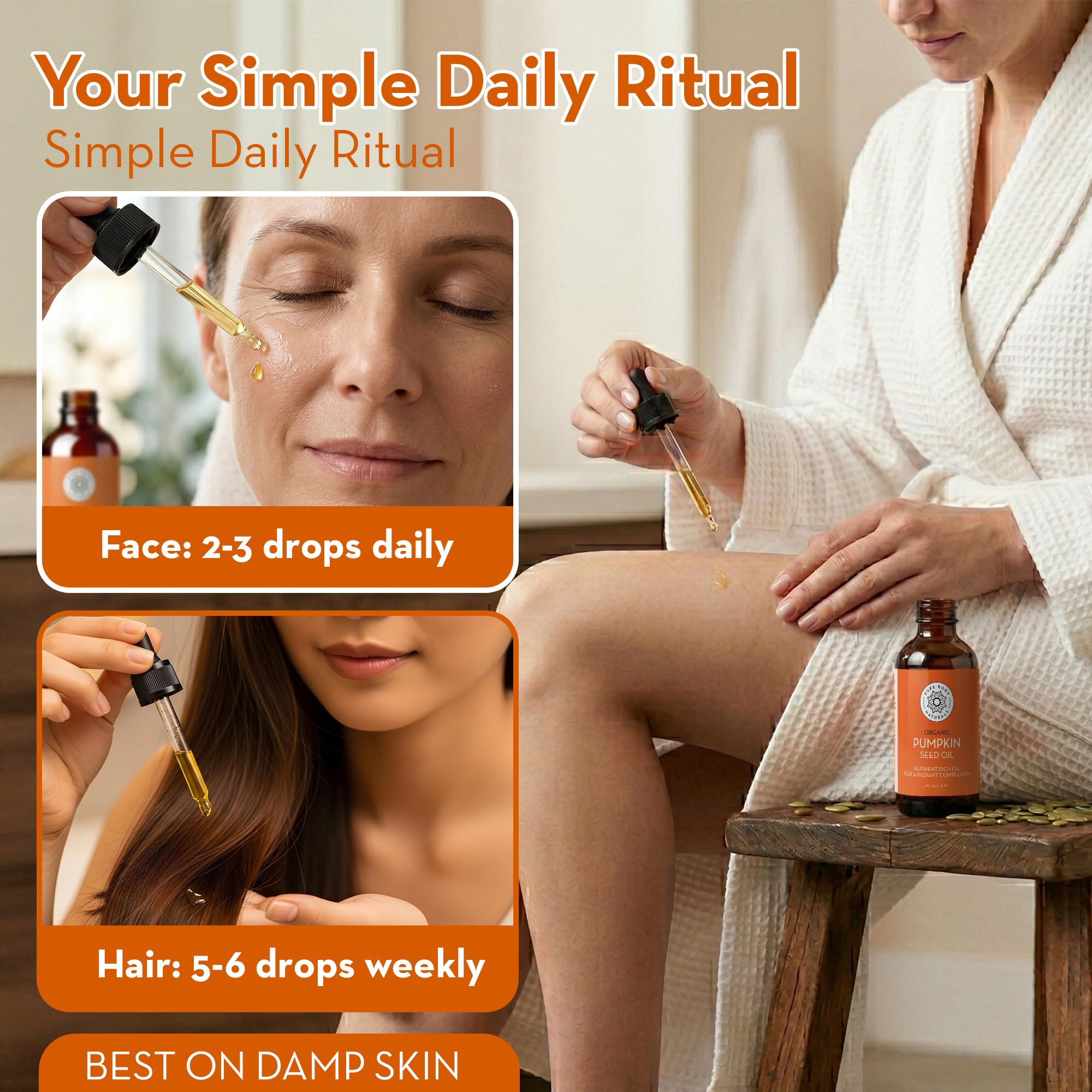 Applying Pure Body Naturals oil to face and hands for quick moisturization benefit
