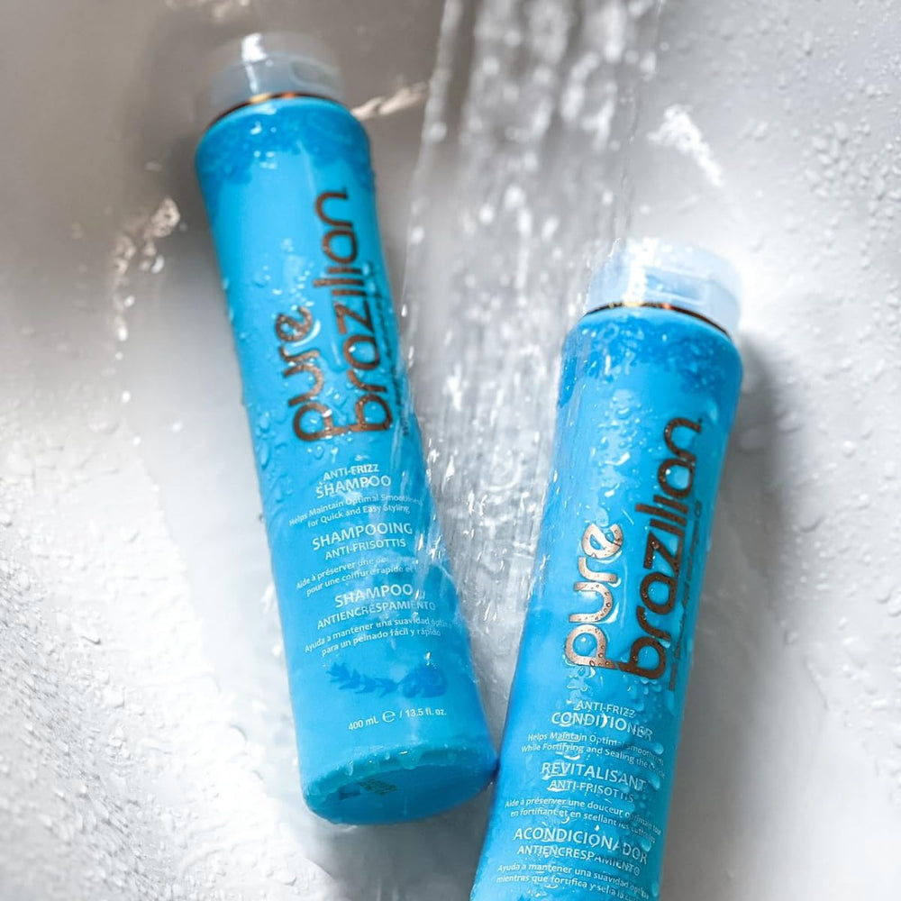 Pure Brazilian label close-up featuring keratin and açai ingredients benefit