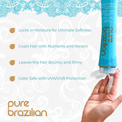 Pure Brazilian pump and label detail highlighting ingredients and clarity