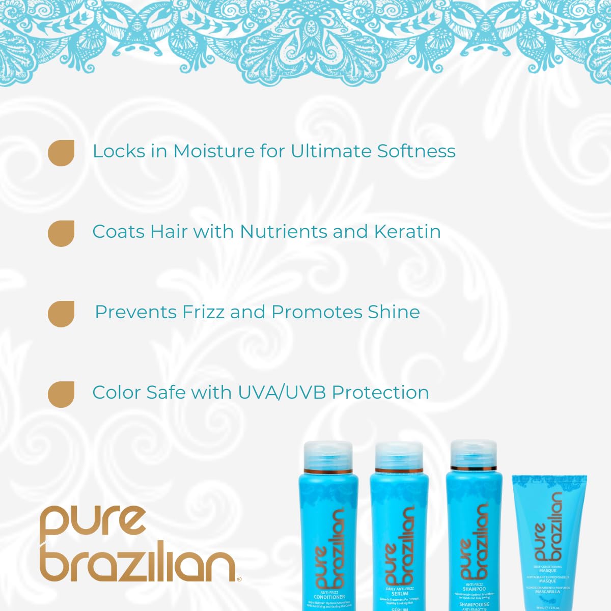Pure Brazilian shampoo bottle close-up highlighting gentle, salt-free cleansing benefit