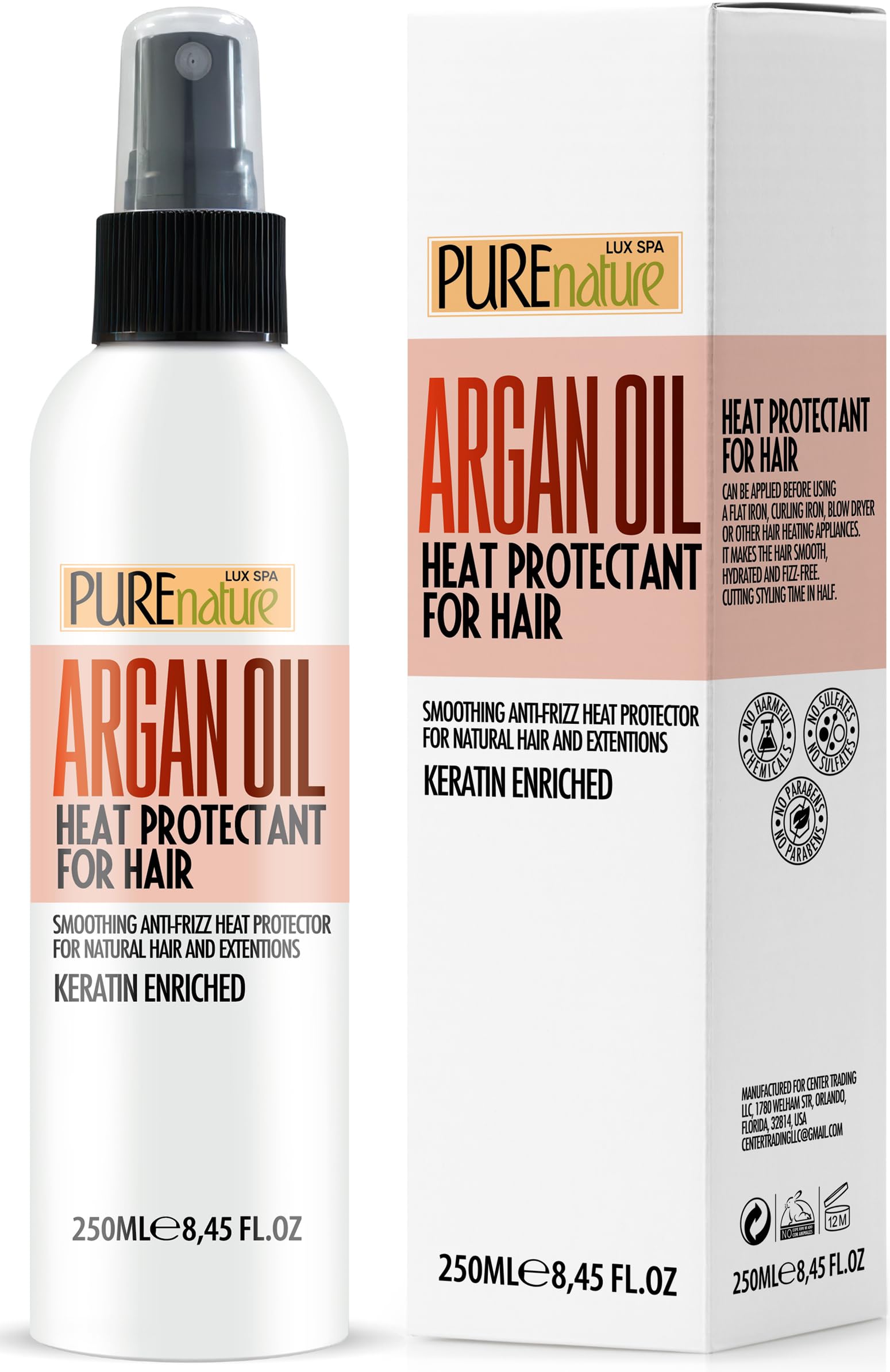 PURE NATURE LUX SPA front bottle showing argan heat protectant and easy spray