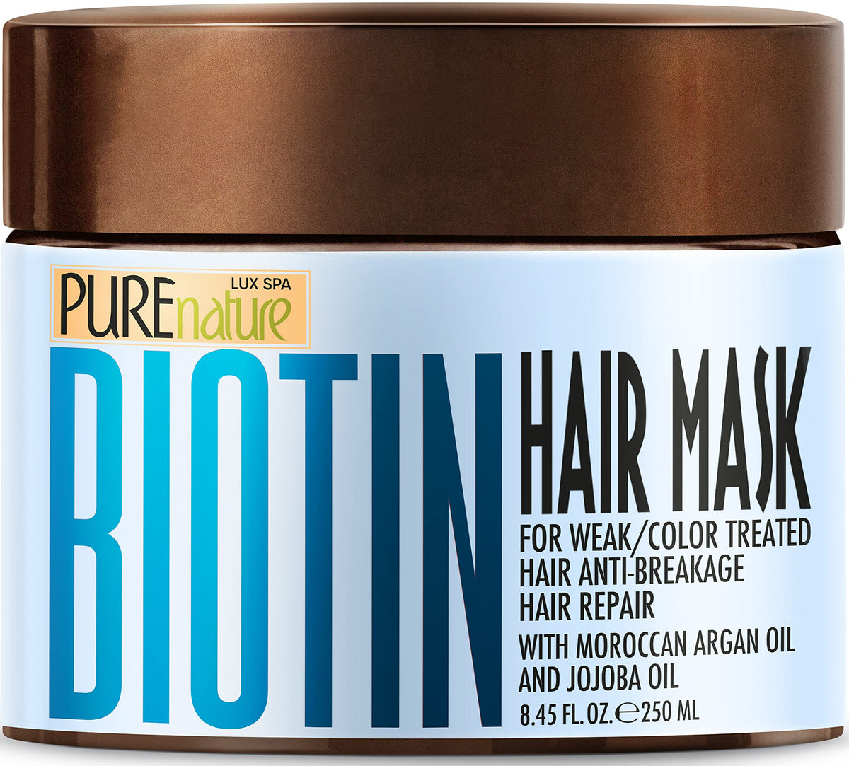 PURE NATURE LUX SPA front jar showing label and luxurious packaging benefit: premium salon look