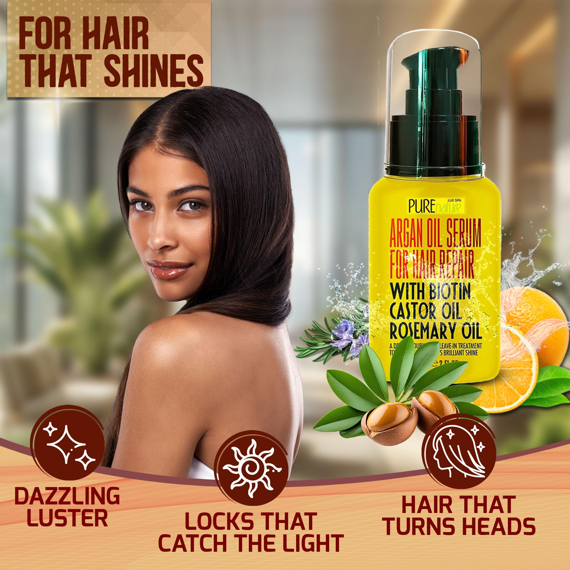 PURE NATURE LUX SPA serum applied to hair demonstrating frizz control and heat protection benefit