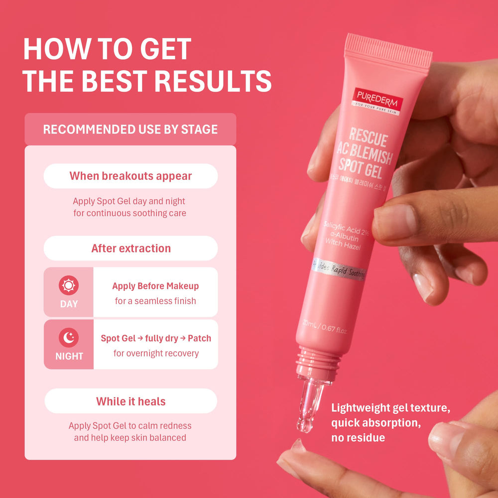 Purederm applying gel to a facial blemish illustrating targeted reduction of redness