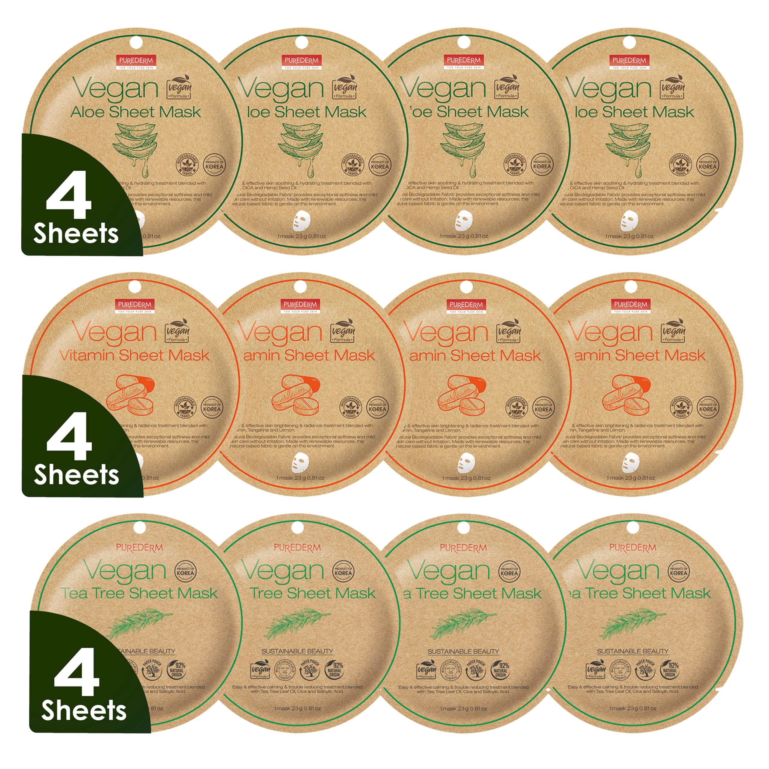 Purederm front packaging trio showing 12 vegan sheet masks benefit hydration