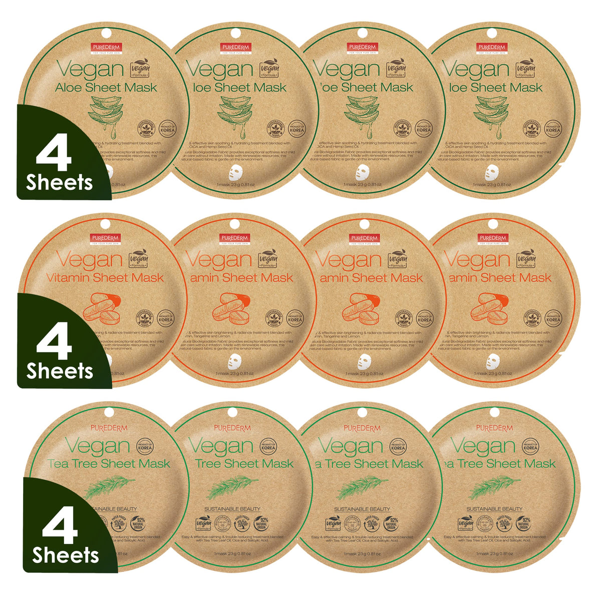 Purederm front packaging trio showing 12 vegan sheet masks benefit hydration