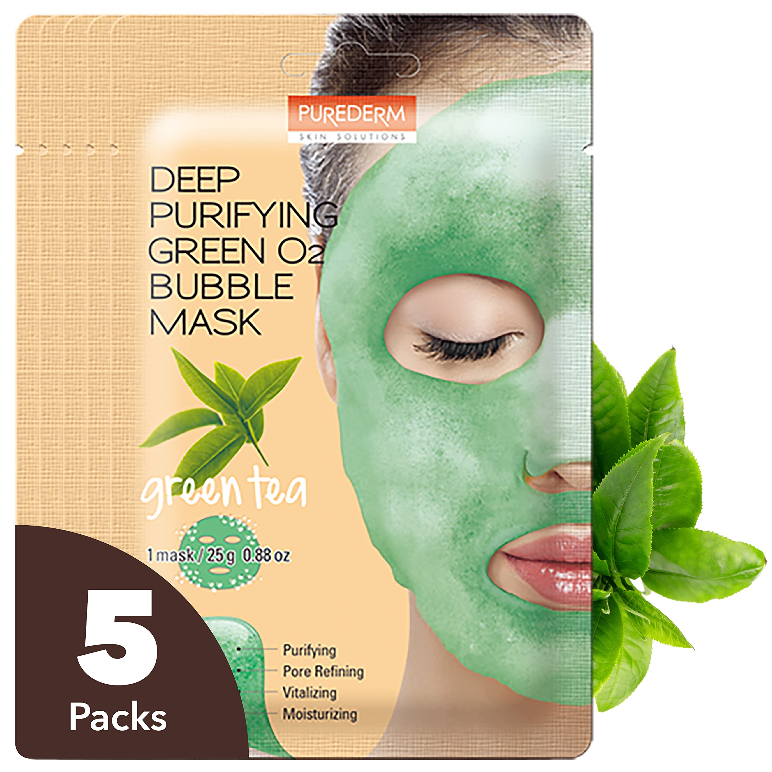 Purederm front packaging showing five green tea bubble mask sachets and benefits