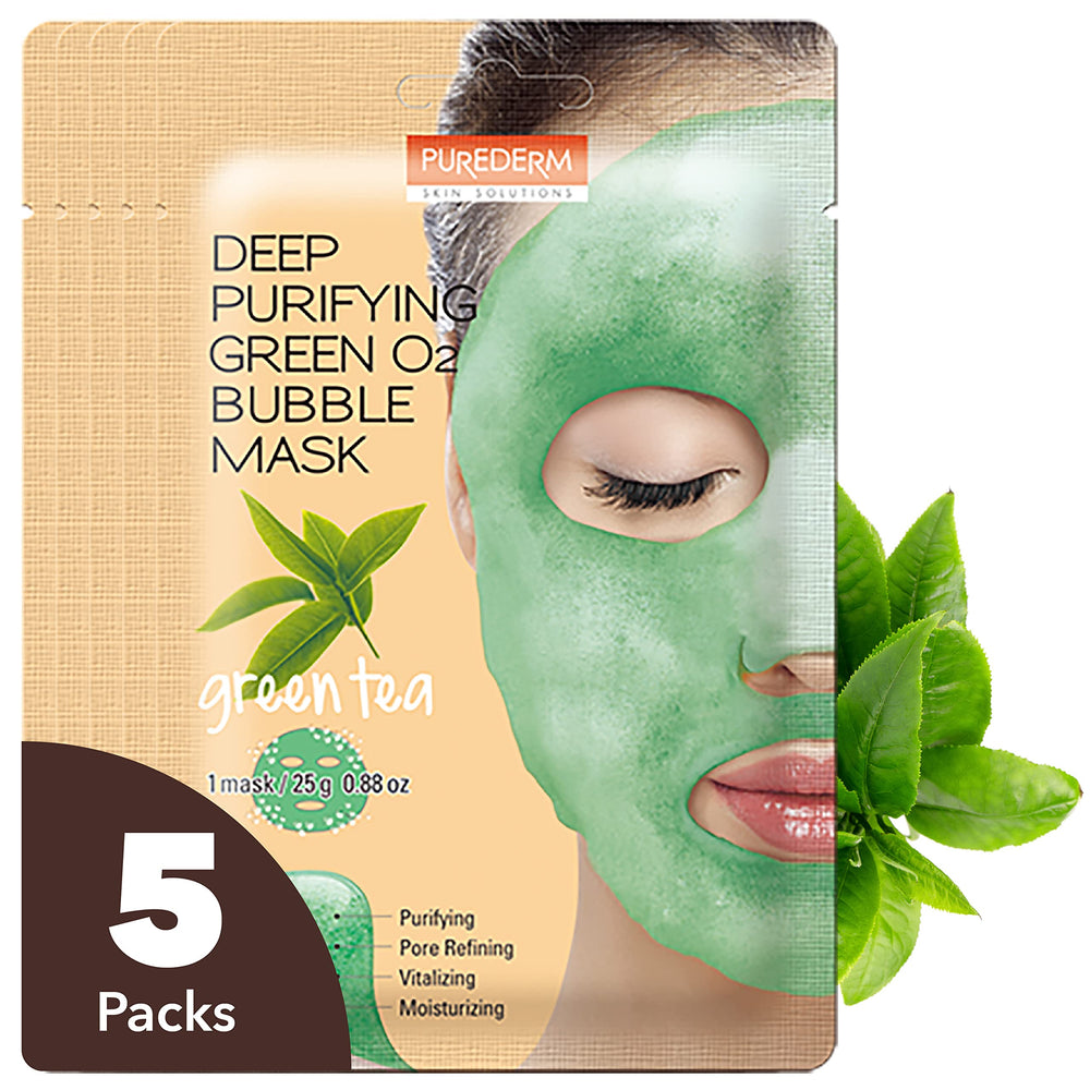 Purederm front packaging showing five green tea bubble mask sachets and benefits