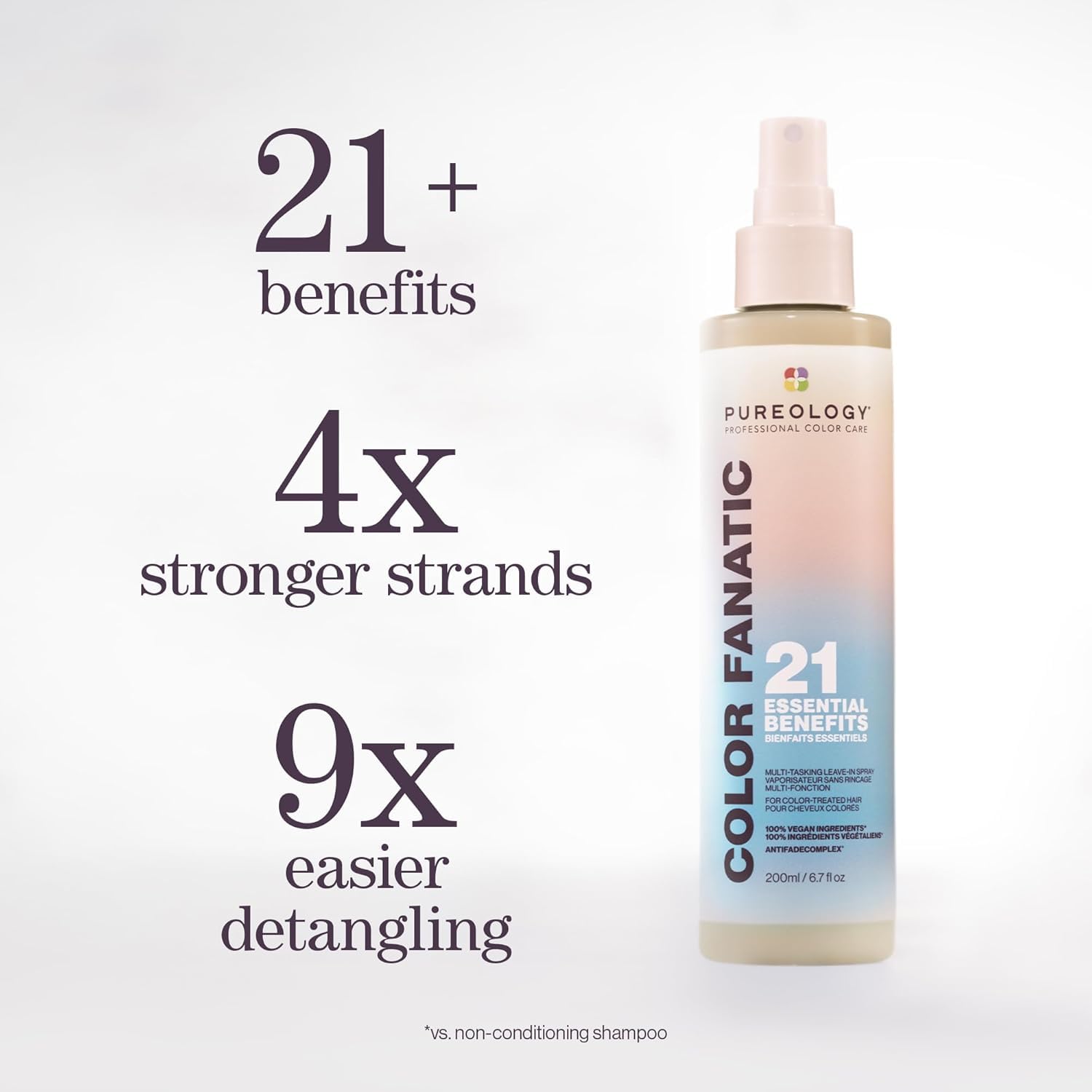 Pureology Color Fanatic leave-in being sprayed on damp hair for detangling and protection