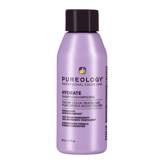 Pureology hydrate shampoo front view showing compact travel bottle and brand
