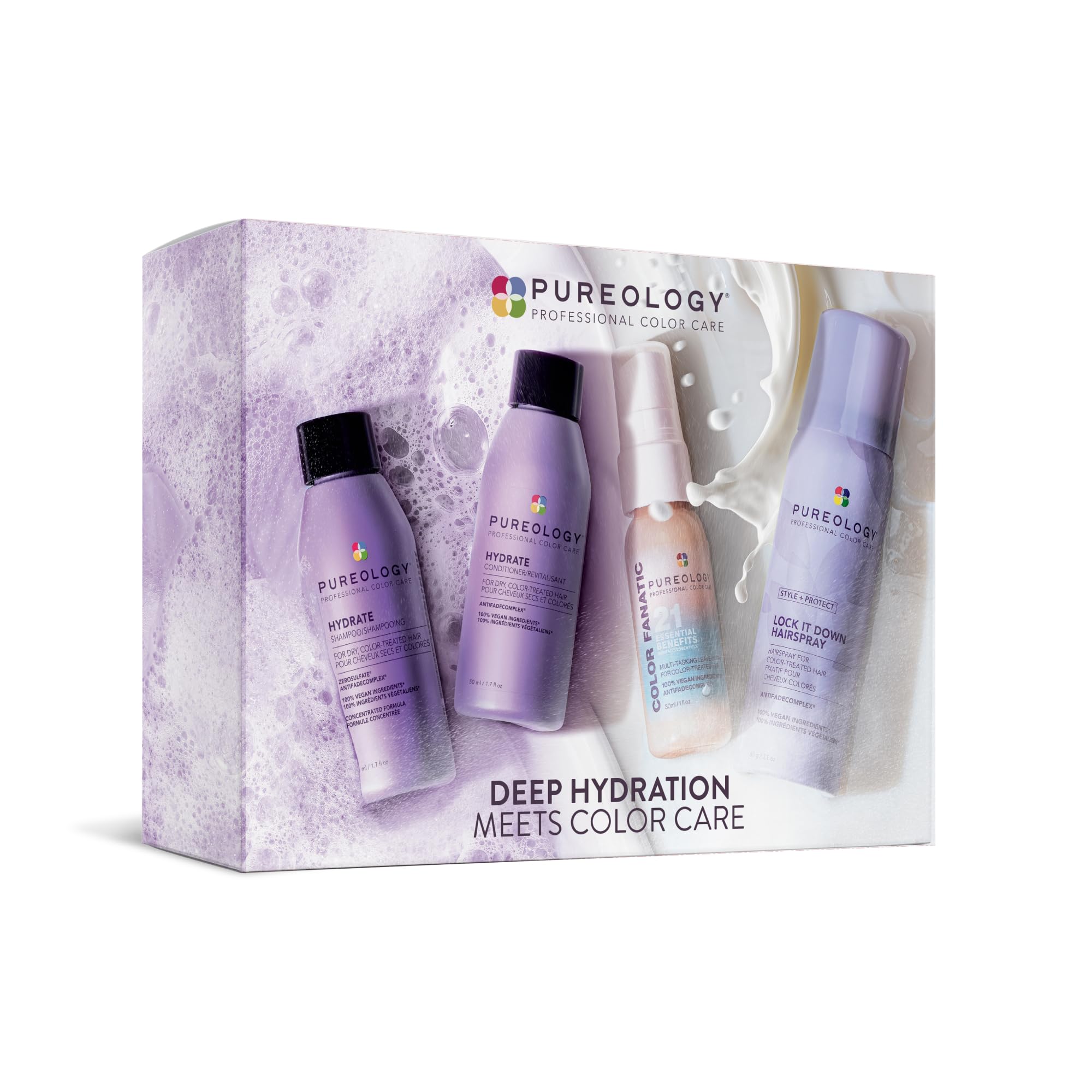Pureology hydrate discovery kit front view showing travel bottles and benefits