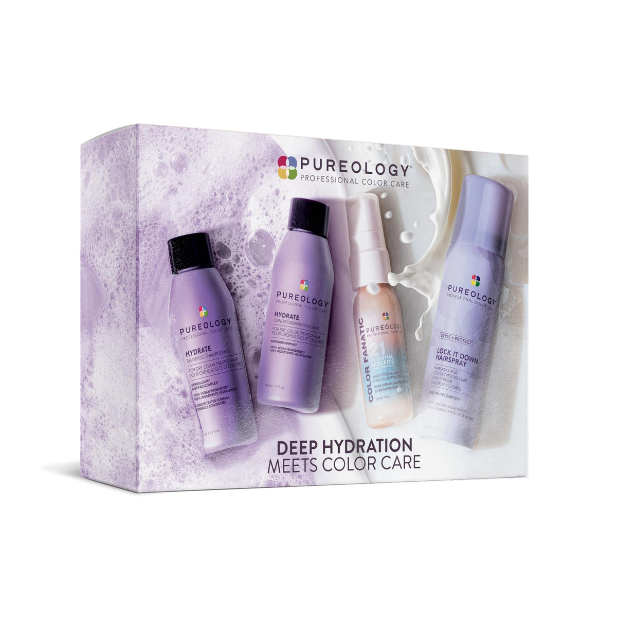 Pureology hydrate discovery kit front view showing travel bottles and benefits