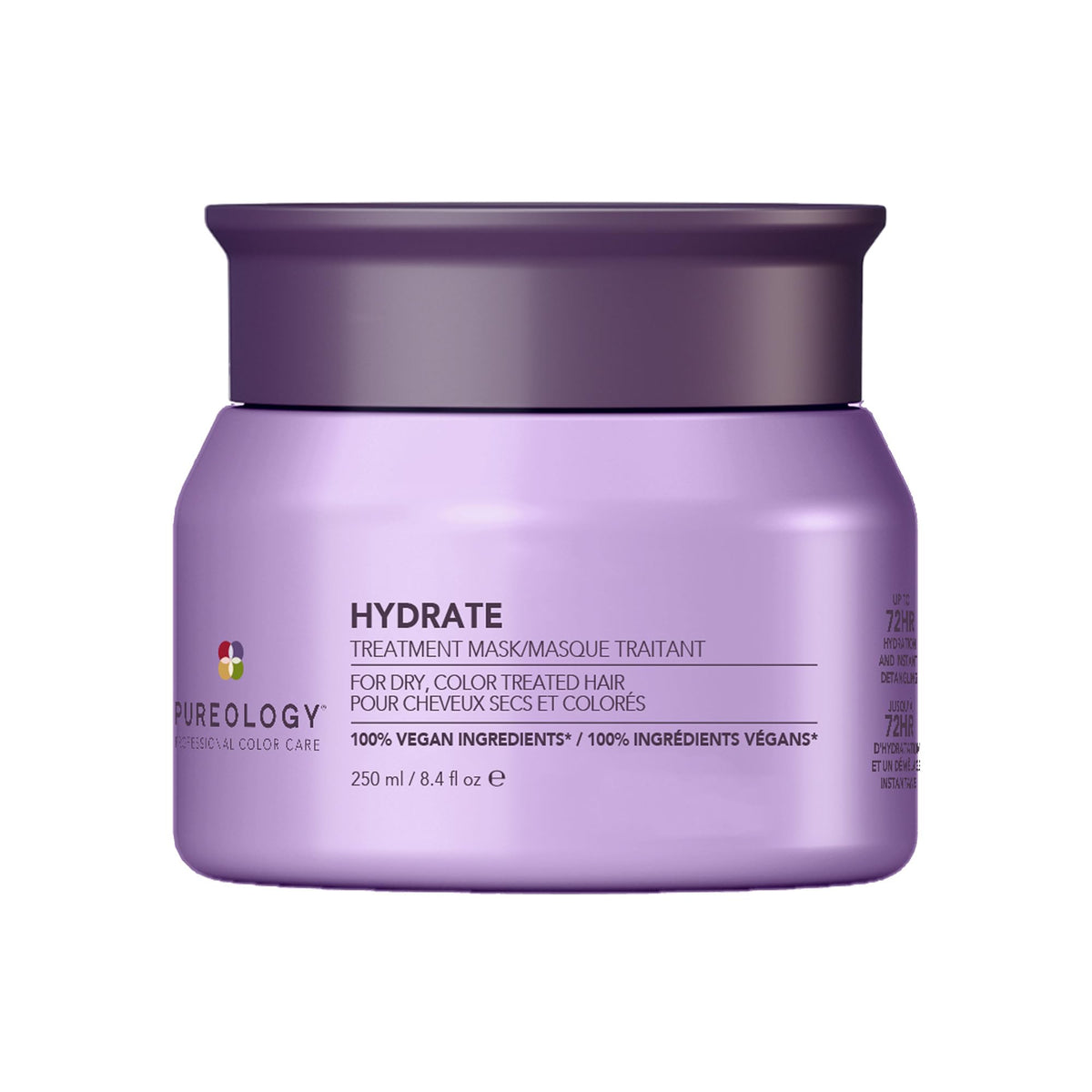 Pureology jar front view showing product and clear labeling, highlights hydration benefit