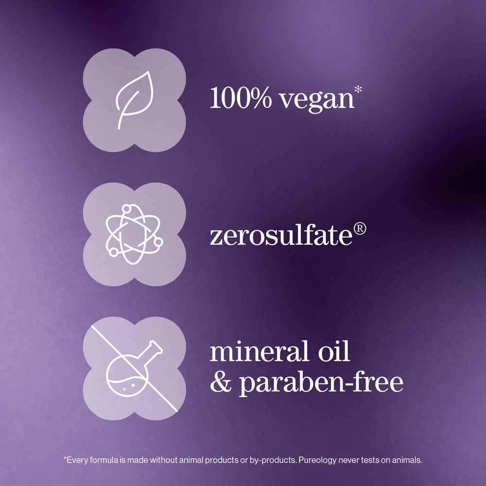 Pureology bottle on vanity styled with towels showing salon-quality routine
