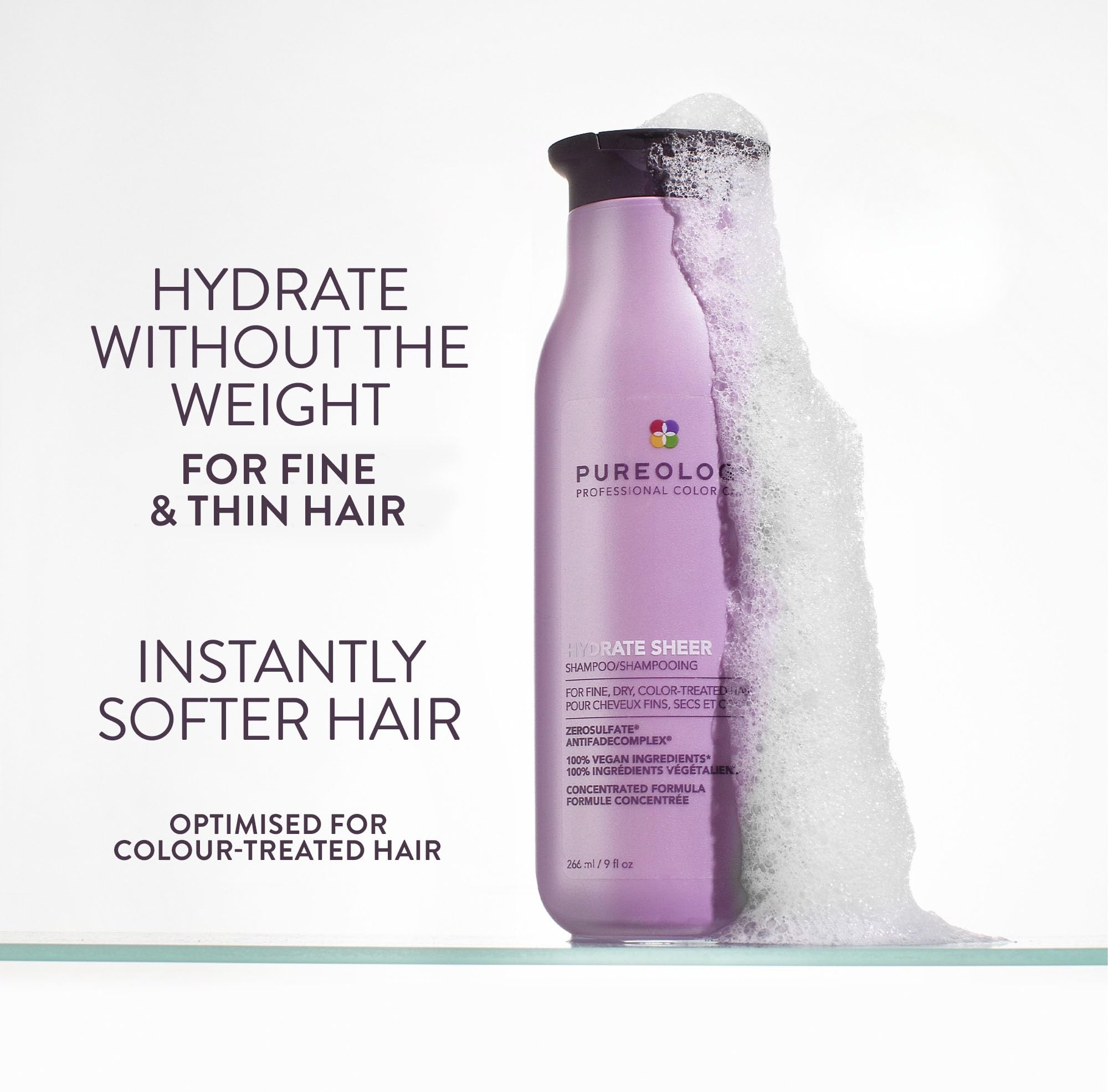 Pureology shampoo texture close-up showing creamy lather and weightless moisture