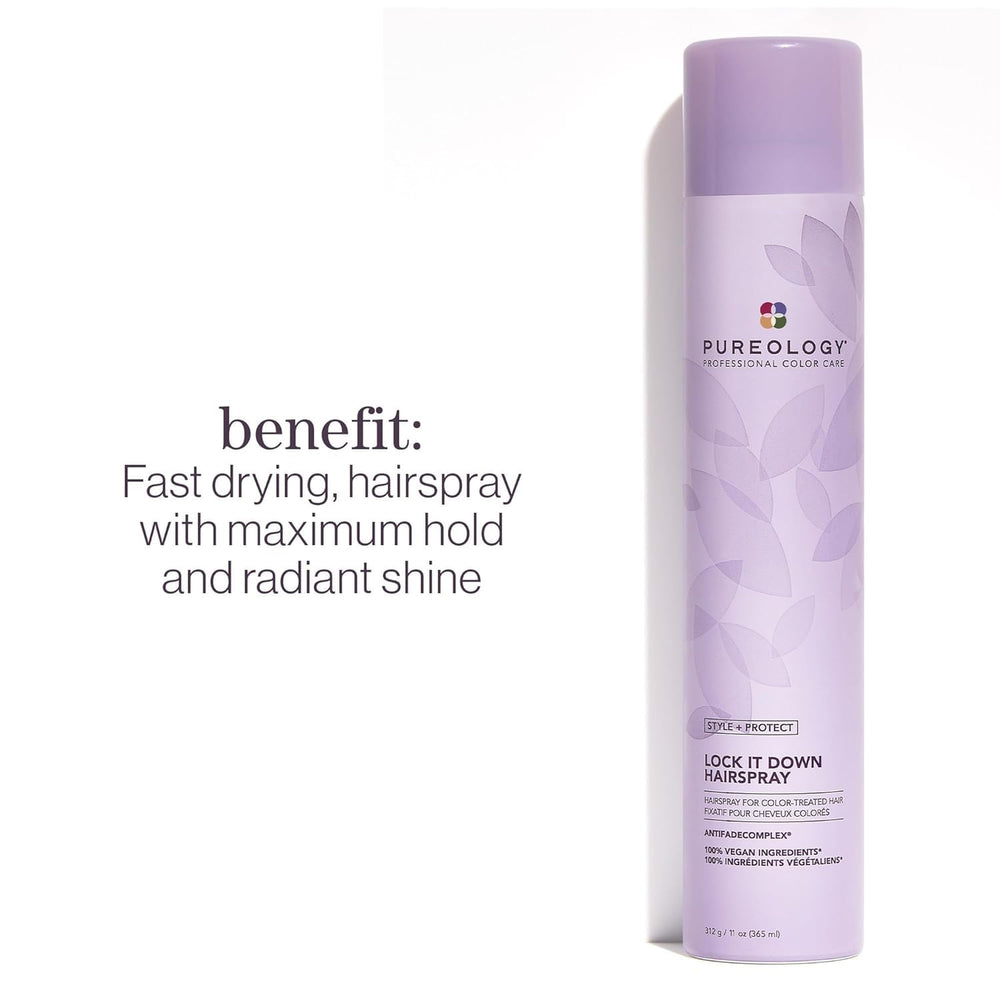 Pureology Lock It Down hairspray close-up highlighting firm hold without residue