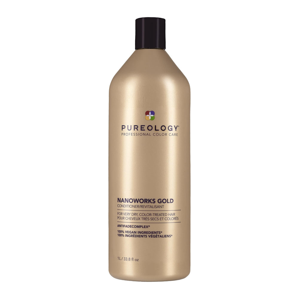 Pureology front bottle shows product and benefits for restored color-treated hair