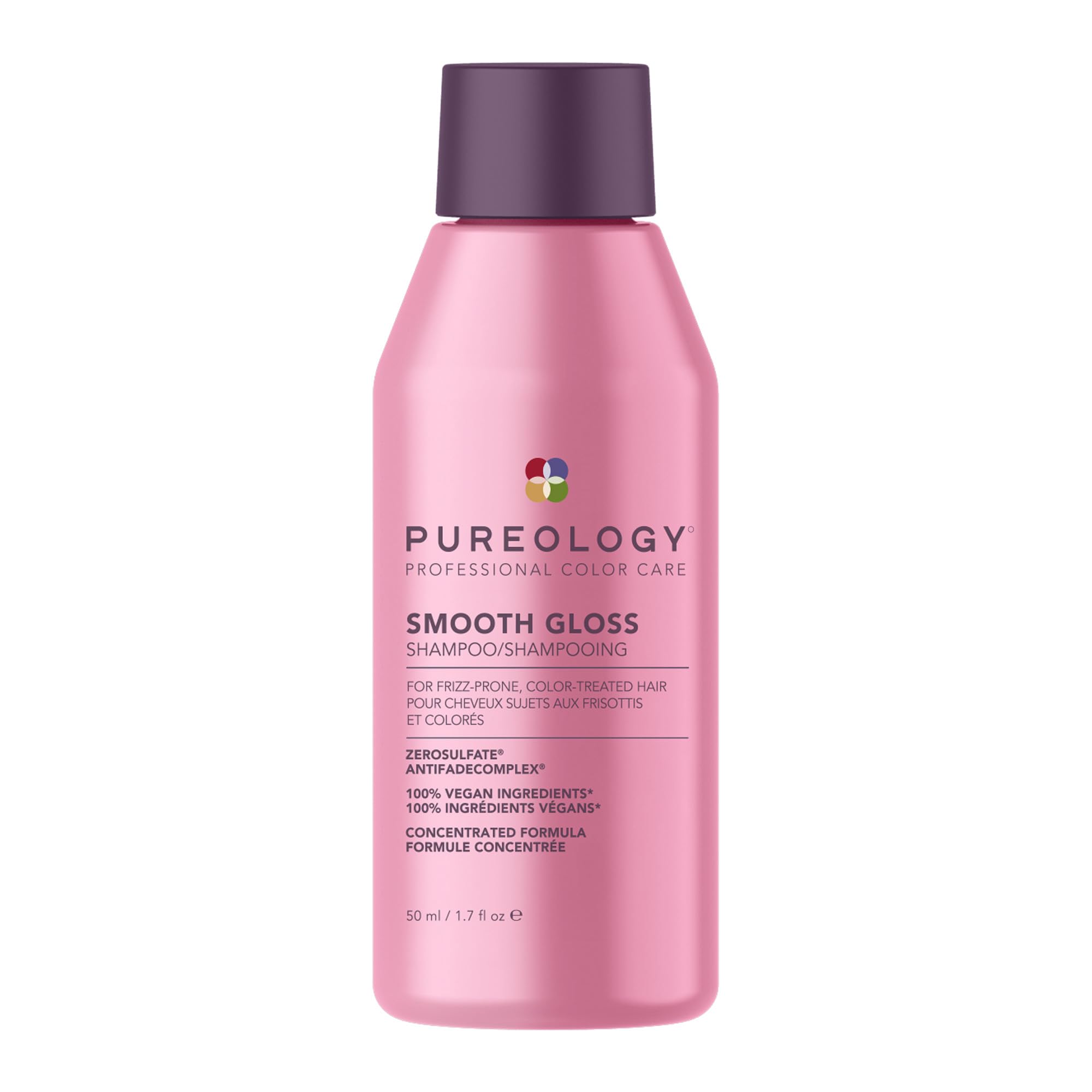 Pureology bottle front view showing branding and travel size benefit