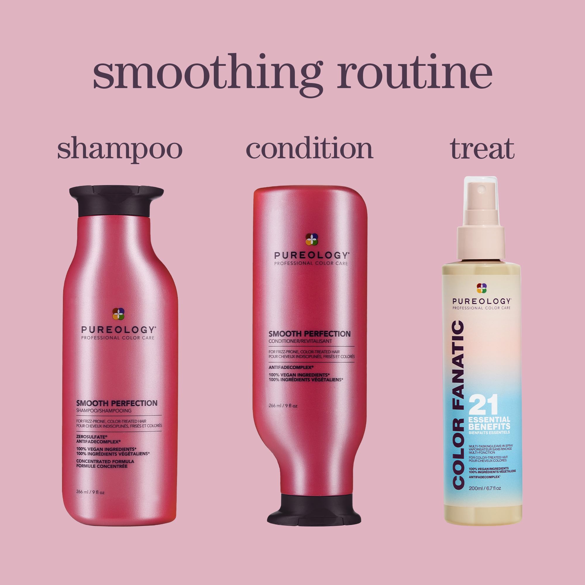 Pureology before and after hair comparison showing reduced frizz benefit