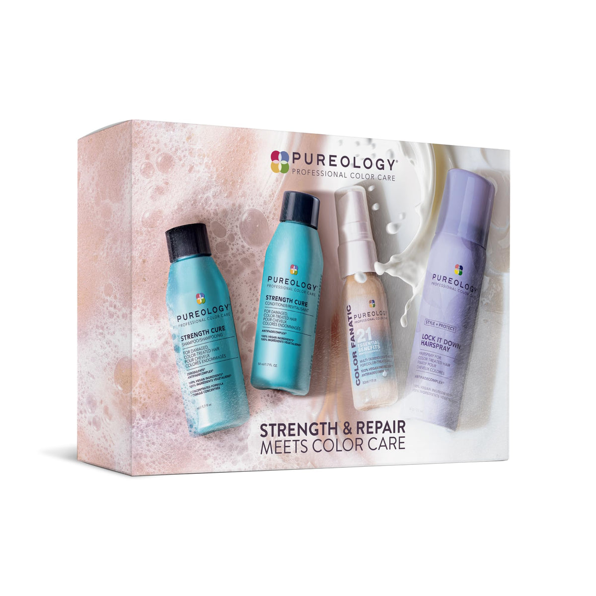 Pureology Strength Cure front packaging showing all four travel-sized products and benefits