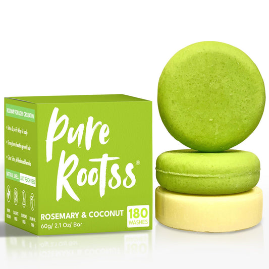 PureRootss front packaging showing rosemary and coconut benefits