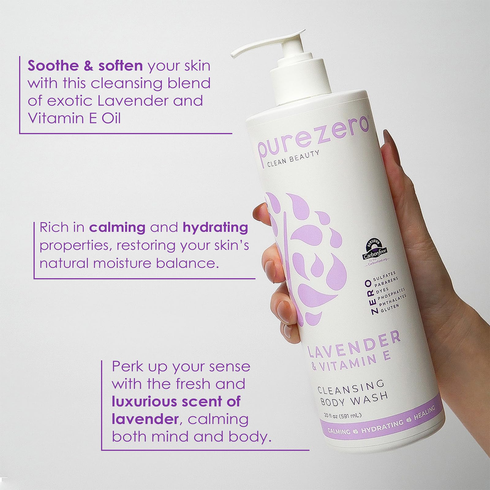 Purezero bottle in hand forming lather to cleanse and soothe