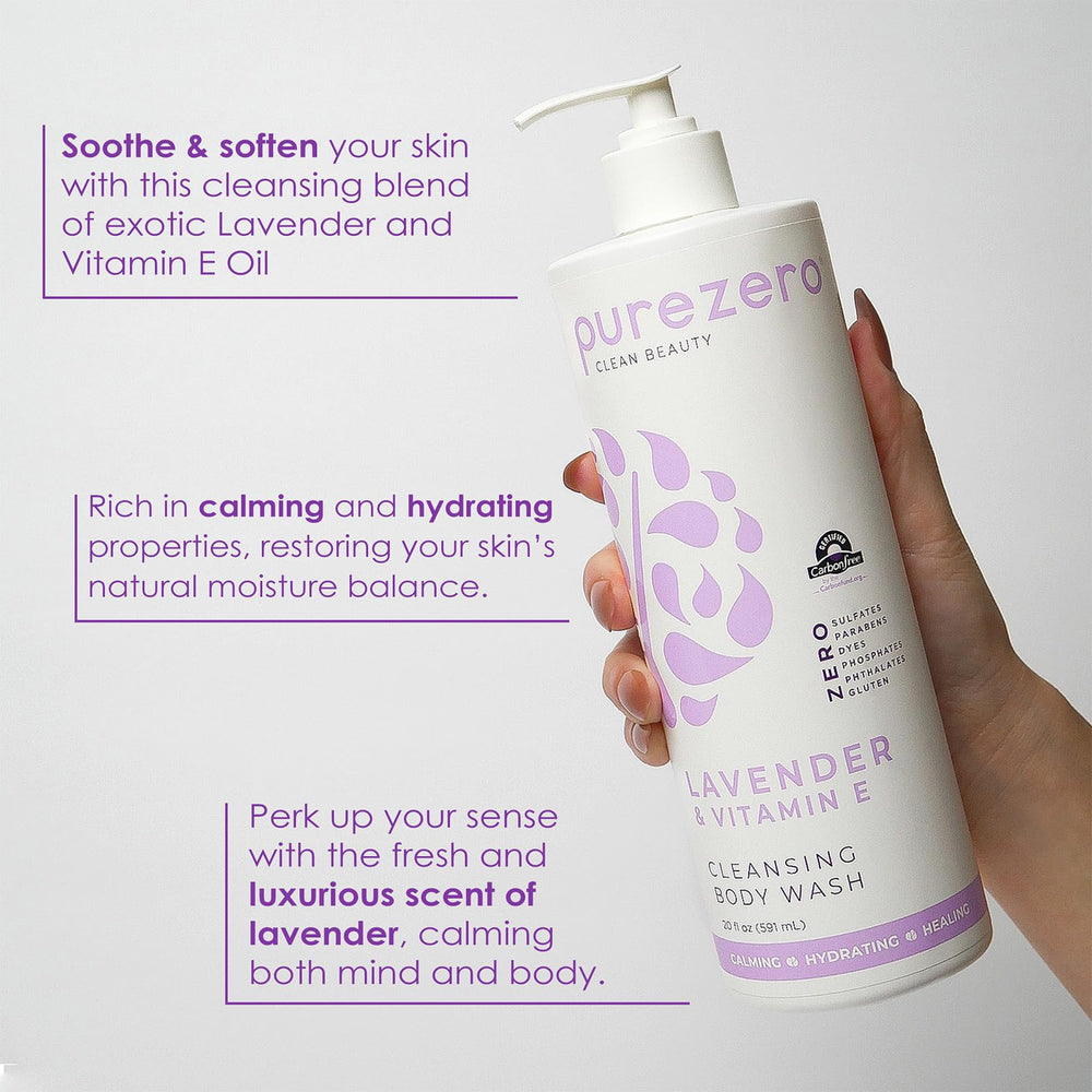 Purezero bottle in hand forming lather to cleanse and soothe