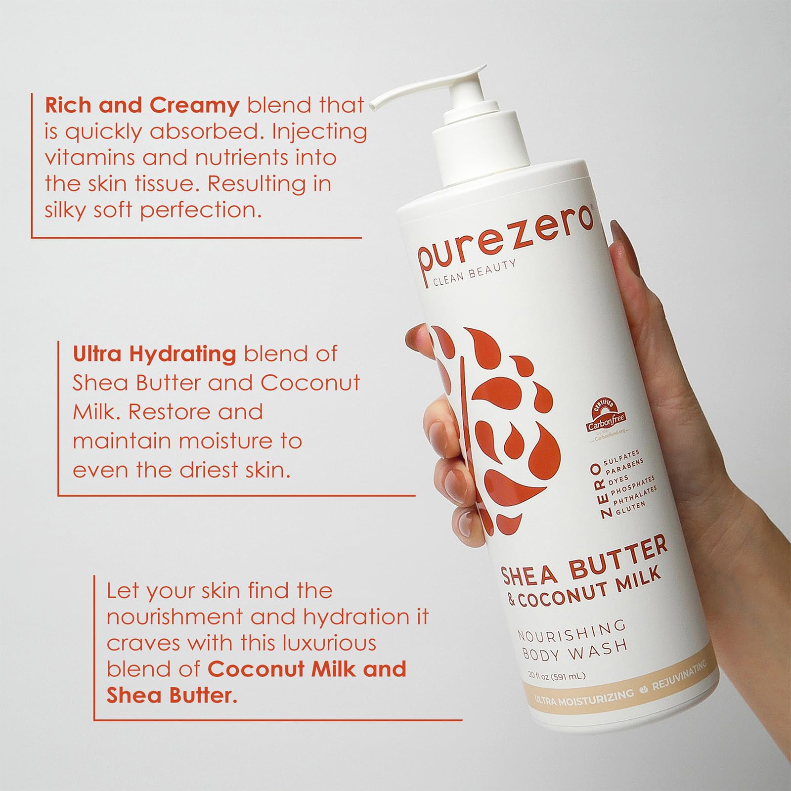 Purezero pouring body wash on hand demonstrating gentle cleansing benefit