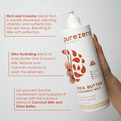 Purezero pouring body wash on hand demonstrating gentle cleansing benefit