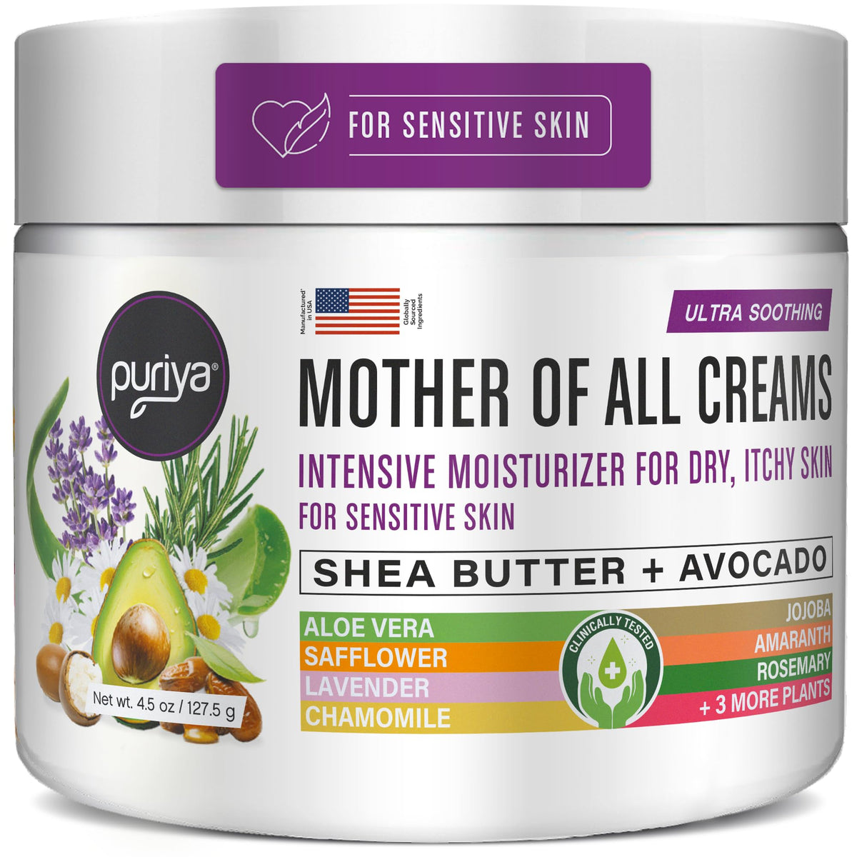 Puriya front jar view showing clean packaging and moisturizing cream benefit