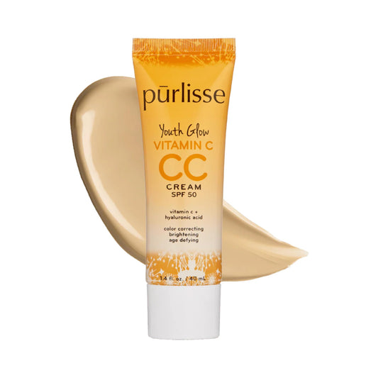 pūrlisse front packaging showing tinted CC cream and SPF 50 for quick protection